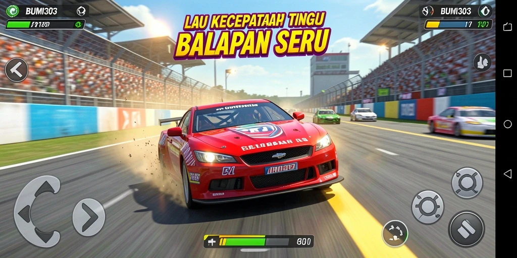 Screenshot gameplay BUMI303 menampilkan aksi balapan yang seru.