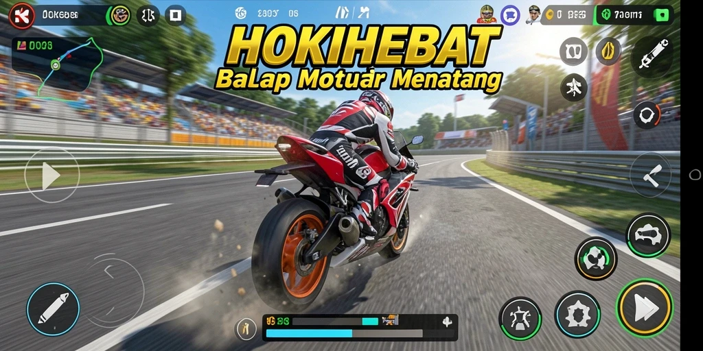 Screenshot gameplay HOKIHEBAT menampilkan balapan motor yang mendebarkan.