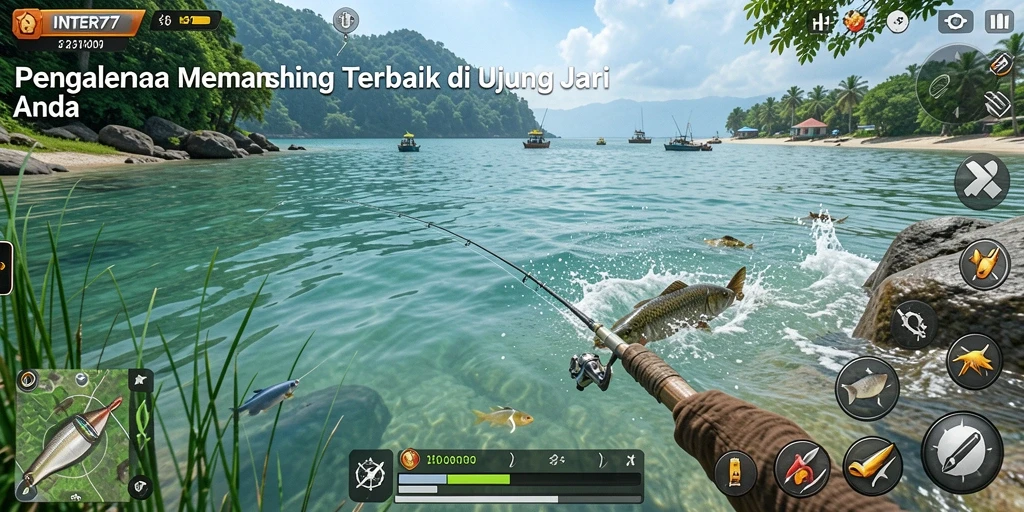 Tangkapan layar INTER77 menampilkan gameplay memancing yang menarik dan realistis.