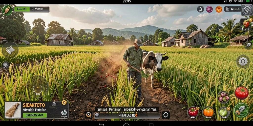 Screenshot gameplay <strong>SIDAKTOTO</strong> menampilkan ladang hijau subur dan aktifitas bertani.