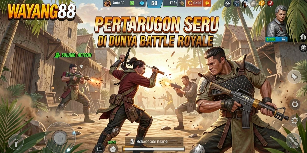 Screenshot utama WAYANG88 menampilkan aksi gameplay Battle Royale yang mendebarkan.